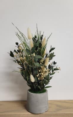 Mala stona dekoracija od betona i prirodnih prezerviranih biljaka - Zelene